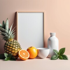 glass with orange juice, pineapple, grapefruit, oranges, lemon and mint on a pink background. glass...