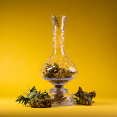 Bong with weed on yellow background.