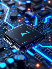 Fototapeta premium Artificial intelligence micro chip with text on chip,close-up of circuit board chip, future , smart city , ai chip,gpt,Image generation