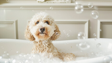 Bathing of the cute poodle. Happy dog taking a bubble bath with his paws up on the rim of the tub....