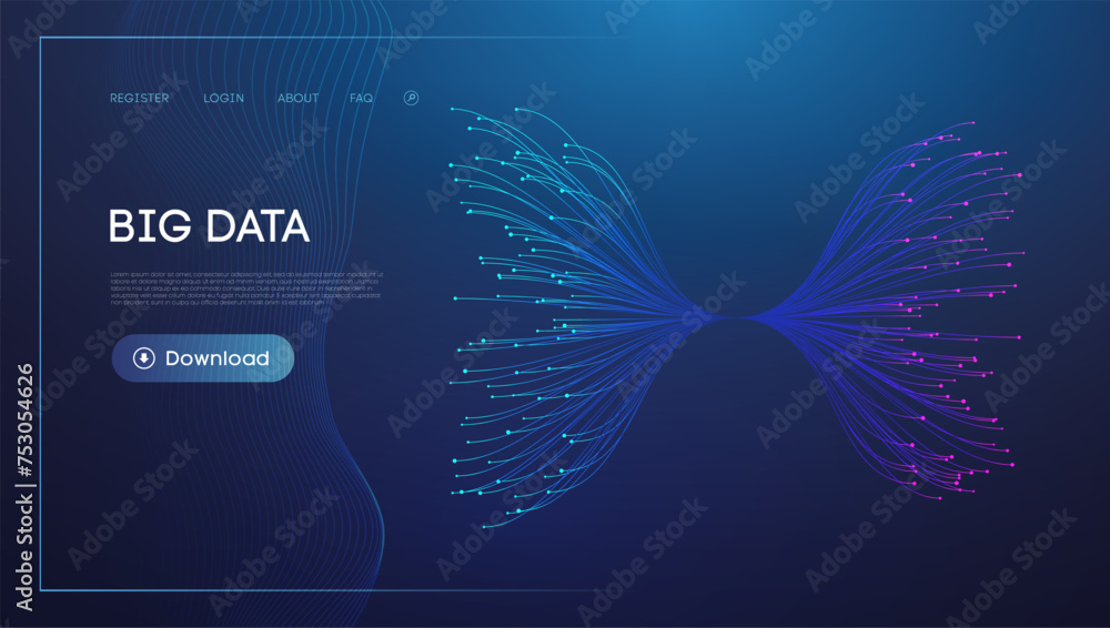 Poster blue particle data flow on dark background for technology and big data