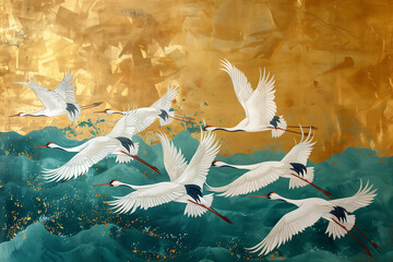 Red-crowned crane art hand-painted, acrylic oil painting, Japanese style meticulous painting flying crane, golden background, waves and sky, idle clouds and wild cranes,abstract colorful brush paint