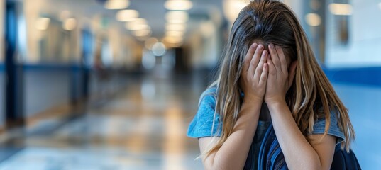 Upset teenage girl crying in school corridor, learning difficulties concept with copy space