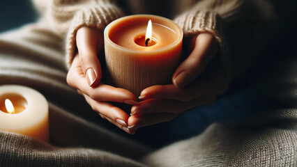 Close-up of a woman's hands holding a burning candle with a wooden wick - obrazy, fototapety, plakaty