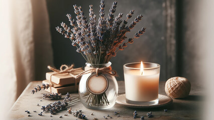 Dry lavender elegantly displayed in a small vase beside a glass candle with an empty label