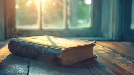 Antique Book Bathed in Warm Sunset Light - An old hardcover book lies open on a wooden table beside a window with the setting sun casting a golden glow.
