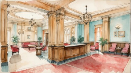 Fototapeta premium Watercolor architectural illustration of an old antique hotel lobby from Generative AI