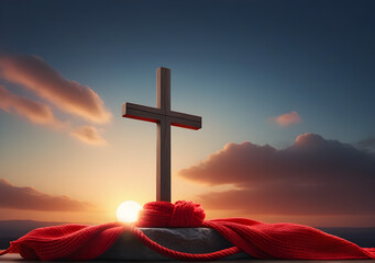 Sunset Christian cross with a red scarf tied to it, easter religious background. Generative AI - obrazy, fototapety, plakaty