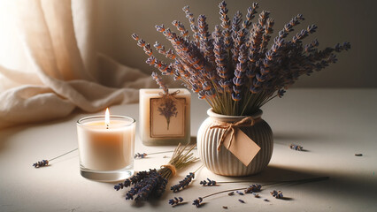 Dry lavender elegantly displayed in a small vase beside a glass candle with an empty label