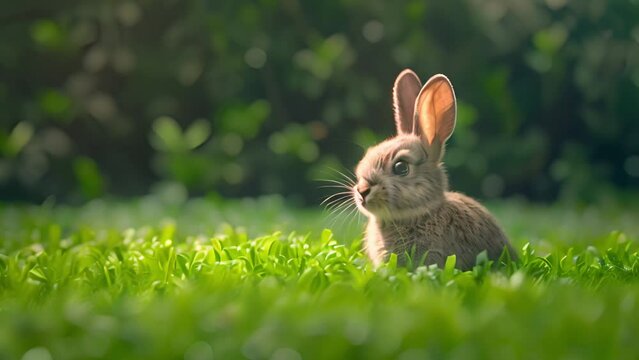 Cute Easter bunny hiding in green grass.