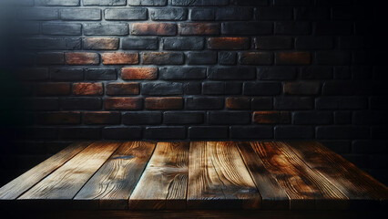 empty brown wooden table, with the old black brick wall blurred in the background,