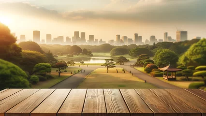 Poster empty wooden table top foregrounding a softly blurred background of a city and park © chopoo