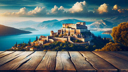 empty wooden table surface foregrounds a breathtaking view of Greece - obrazy, fototapety, plakaty
