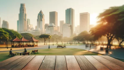 Foto op Canvas empty wooden table top foregrounding a softly blurred background of a city and park © chopoo