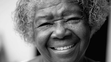 One happy black senior woman in 80s in black and white. Monochromatic portrait of wise older...