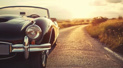 Photo sur Plexiglas Voitures anciennes Vintage Car on Country Road at Sunset - Classic black vintage car parked on a serene country road during a tranquil sunset evening. 