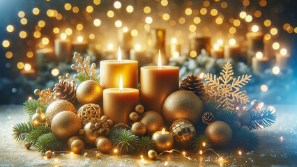 holiday table arrangement adorned with burning candles, offering a soft