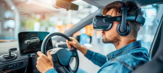 Virtual reality driving school exam simulation with man using steering wheel in car simulator