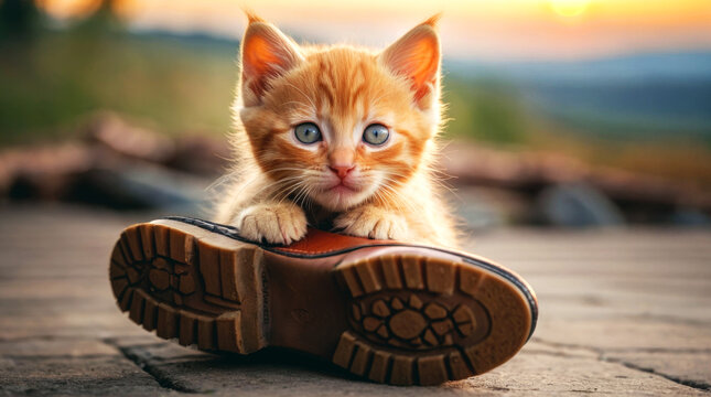 A beautiful little red kitten sits on leather shoes.