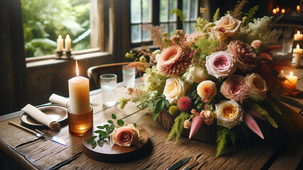 burning candle and beautiful flowers arranged on a wooden table indoors - Powered by Adobe