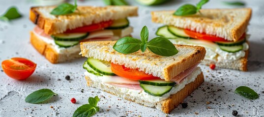 Tasty triangle sandwich with ham, cheese, tomato salad on white background with text space