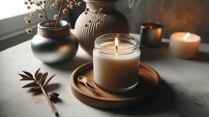 aromatic candle burning within a jar, showcasing a soy wax candle with a natural wick. - obrazy, fototapety, plakaty