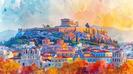 Watercolor touristic card of  Athens - obrazy, fototapety, plakaty