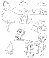camping coloring book page for kids