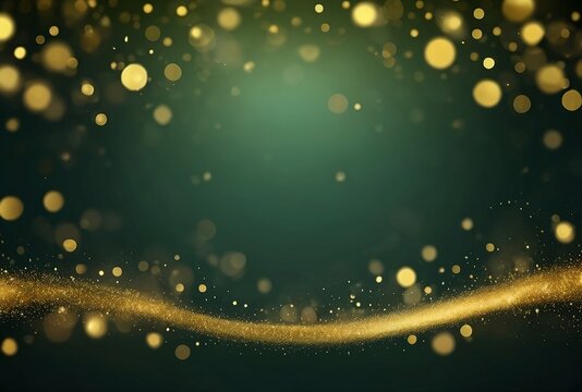 Abstract blur bokeh banner background. Gold bokeh on defocused green background
