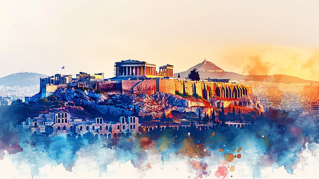 Watercolor touristic card of  Athens