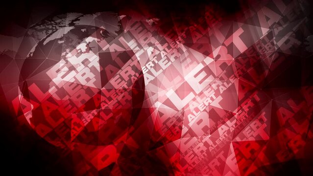 Attention to red alert text and world map for urgent warning of danger and high priority threats