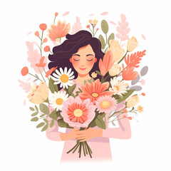 Woman holding a bouquet of spring flowers. Isolated illustration in flat style