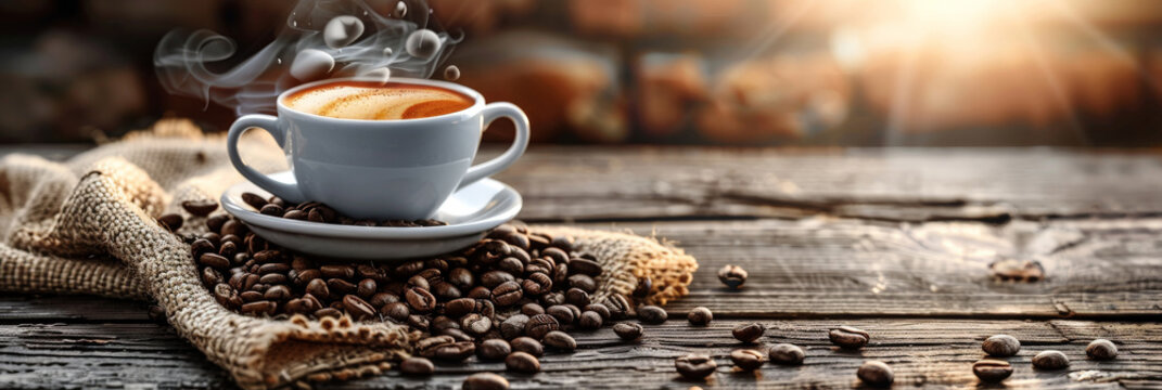 a cup of coffee on a wooden table with beans background 