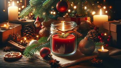 Christmas Holiday scene featuring a burning candle within a glass jar