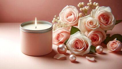 Obraz na płótnie Canvas scented candle amidst a scatter of delicate roses, all set against a soft pink background