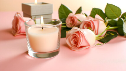scented candle amidst a scatter of delicate roses, all set against a soft pink background