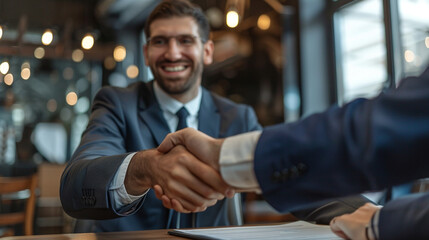 Fototapeta premium A businessman in a sharp suit shaking hands with a client, sealing a successful deal — punctuality, accurate calculation, style and ambition