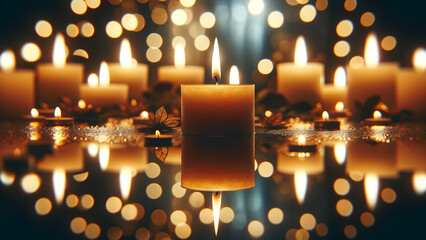 A burning candle captured with its reflection, set against a candlelight-infused background