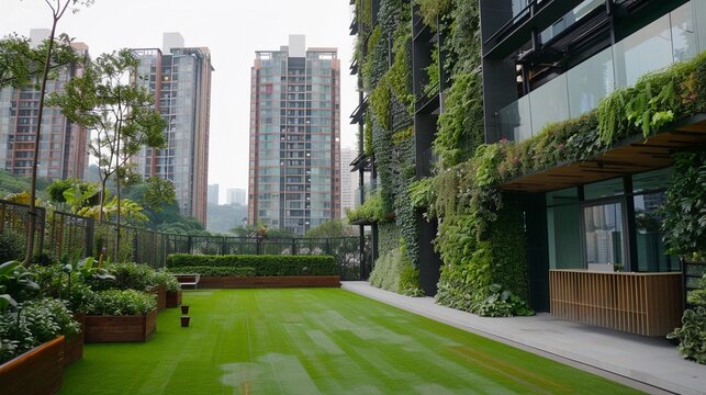 Vertical Greenery, innovative use of vertical greenery in the rooftop garden by focusing on a living green wall or vertical garden installation, generative AI