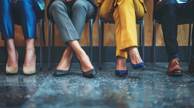Close up of peoples legs sitting on a chairs waiting for a job interview