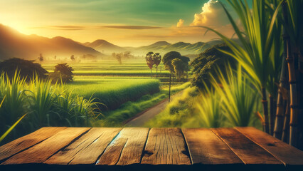 empty wooden brown table top, with a softly blurred background of a lush sugarcane plantation - obrazy, fototapety, plakaty