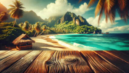 wooden table with a blurred tropical beach landscape stretching out beyond - obrazy, fototapety, plakaty