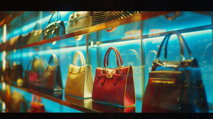 Luxury handbags on illuminated shelves, high-end fashion retail display. - obrazy, fototapety, plakaty