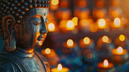 Buddha Statue with Candlelight Bokeh Background, A tranquil Buddha statue in contemplation with the warm glow of candlelight bokeh creating a peaceful ambiance.