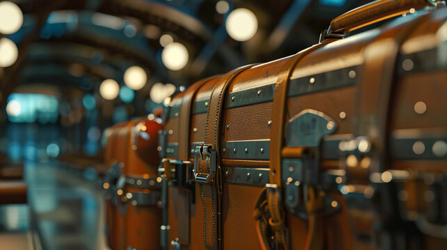 Vintage leather suitcases in a train station, travel and nostalgia theme.
