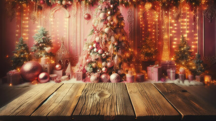 Fototapeta na wymiar vintage empty wooden table foregrounds a captivating pink Christmas backdrop