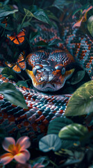 Hyper-realistic snake camouflaged in a lush, vividly colored, tropical environment.