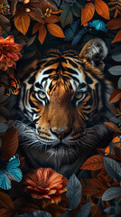 Tiger emerging from a dense jungle setting with vivid flora and butterflies.