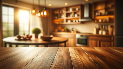  wooden table at the forefront,with a kitchen interior