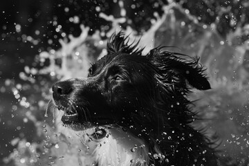 A black and white image of a dog shaking off water, capturing movement and energy.